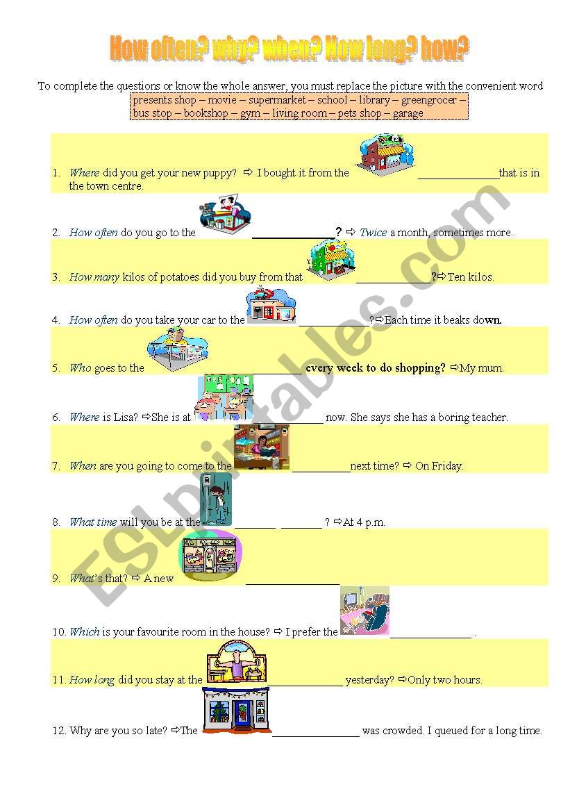 W-h question words and places worksheet