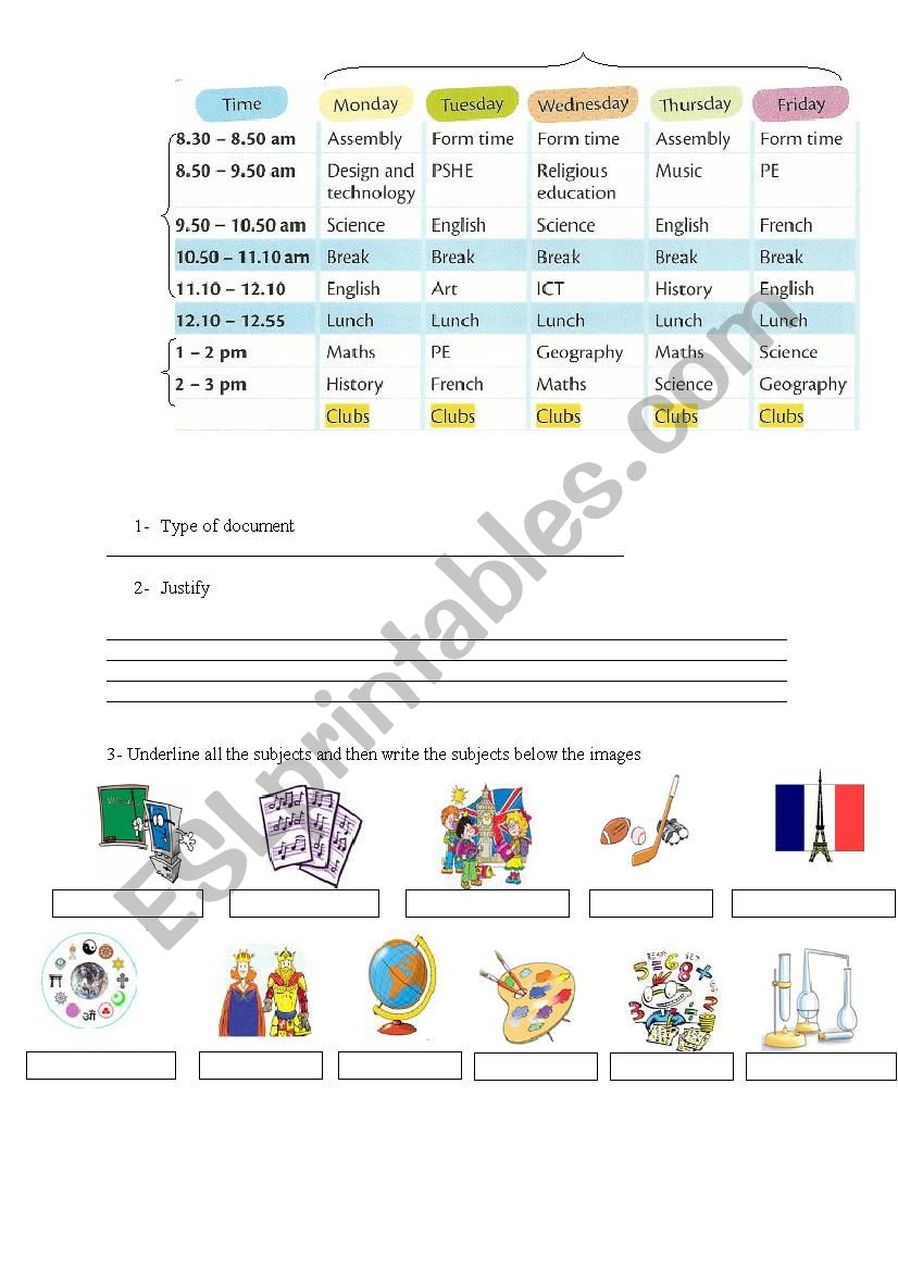 Jamies timetable worksheet