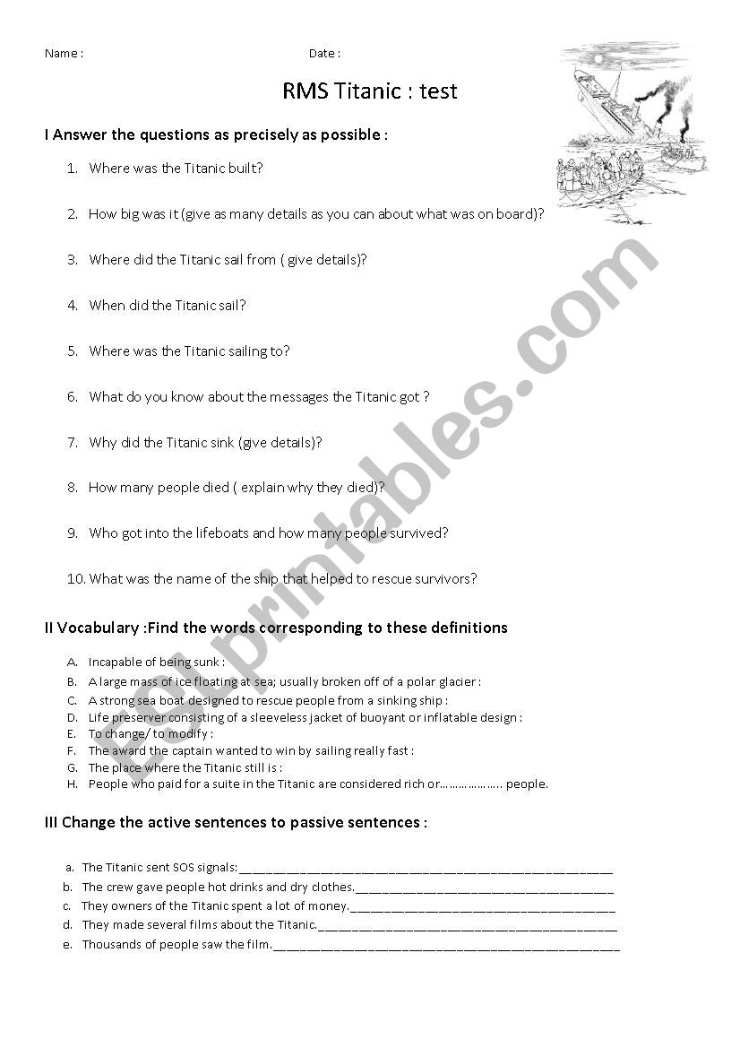 Titanic quiz vocabulary and passive voice