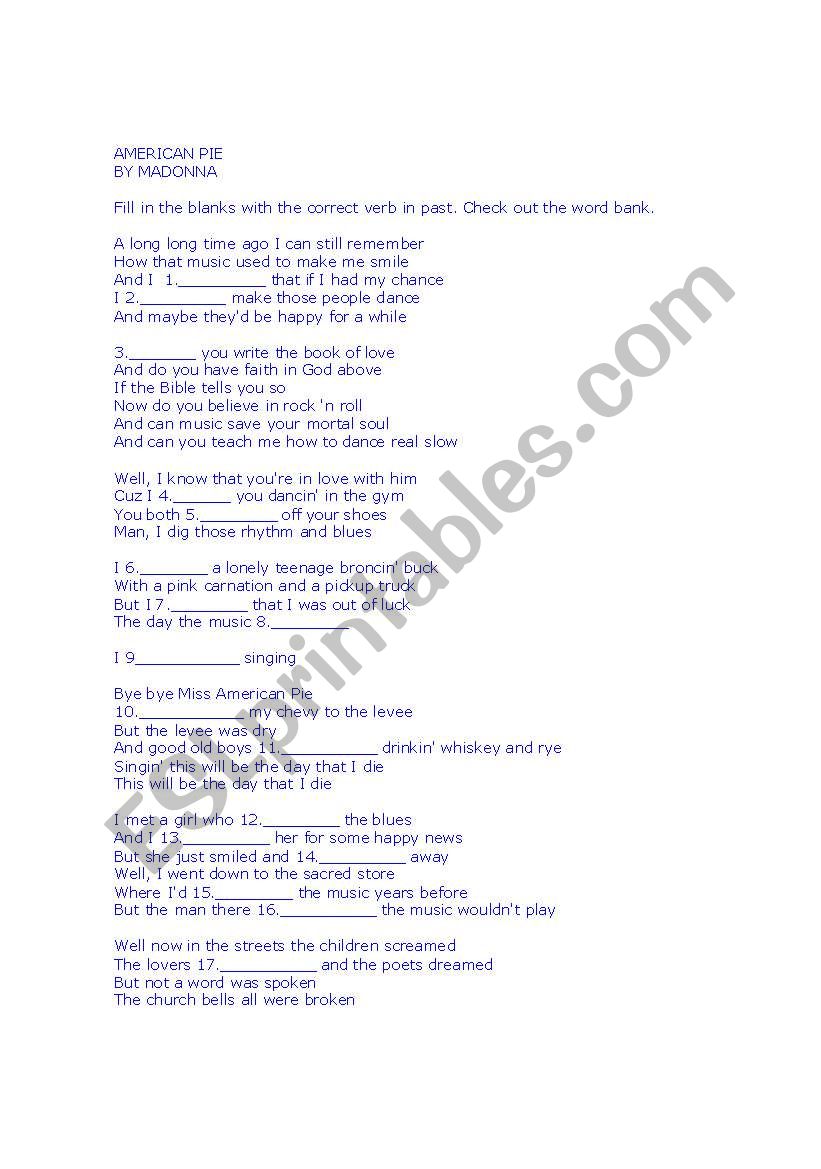 American Pie, by Madonna worksheet