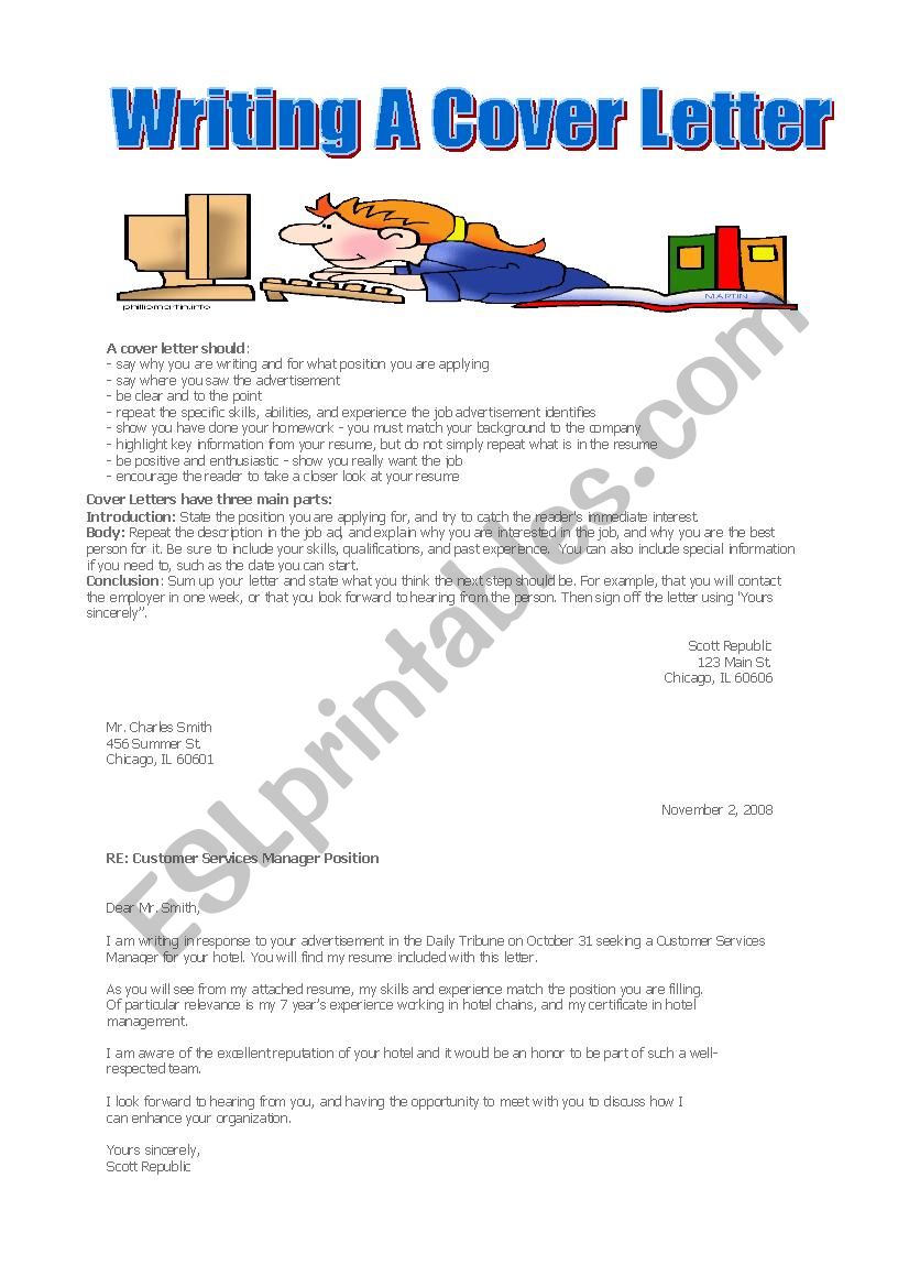 Writing A Cover Letter - ESL worksheet by American Teacher