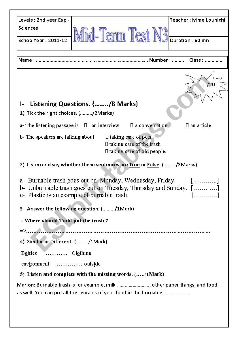 mid term test for second year secondary school