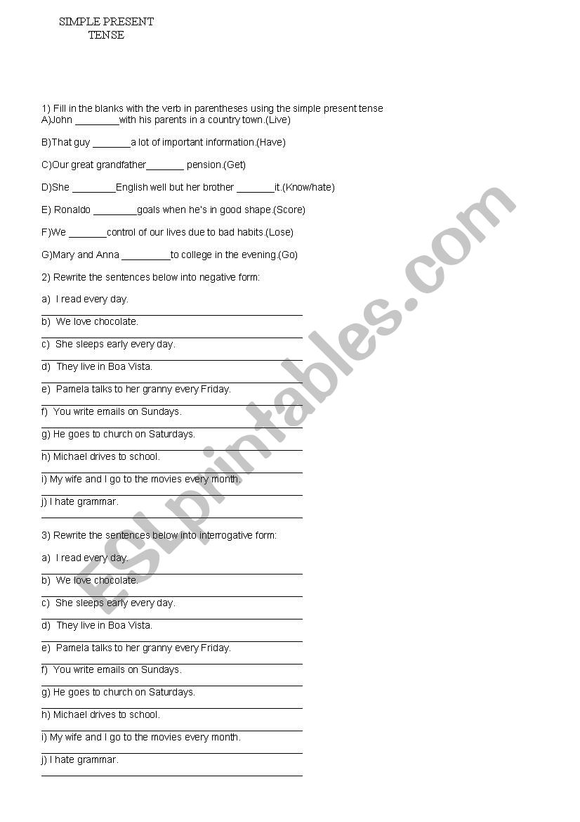 SIMPLE PRESENT TASK worksheet