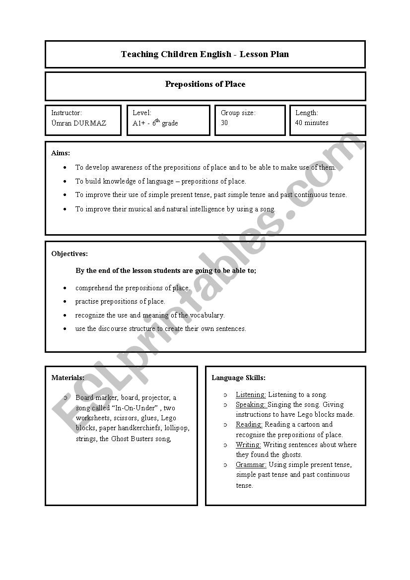 prepositions of place lesson plan