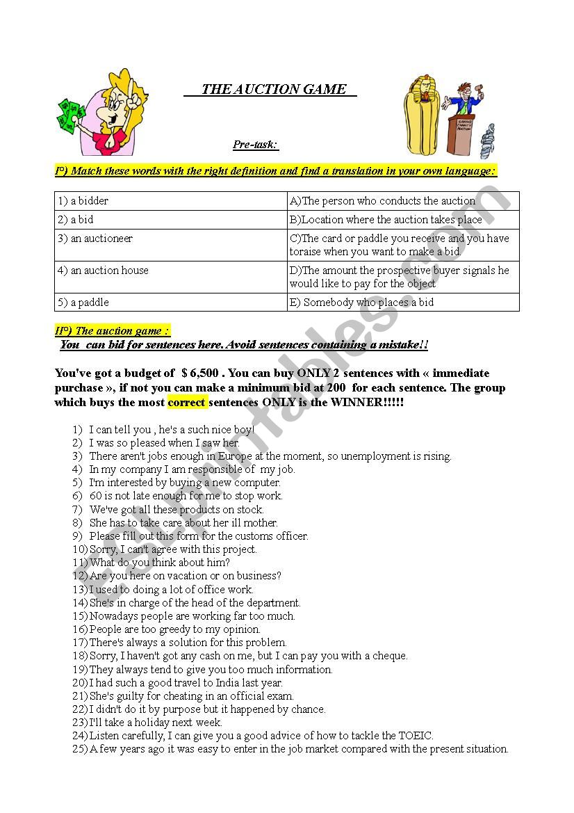 Auction game worksheet