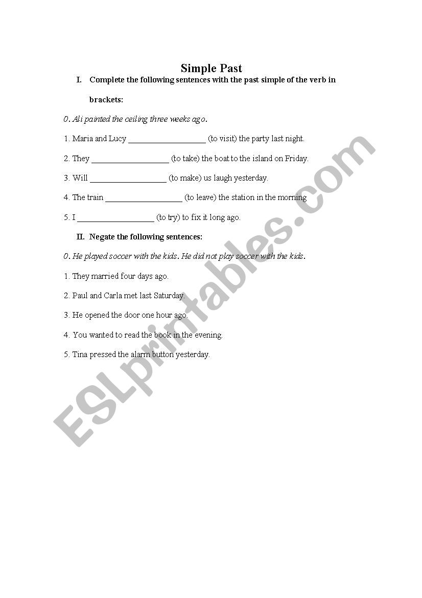 exercises on Simple Past worksheet