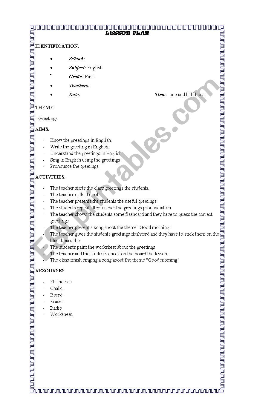 Greetings Lesson Plan  worksheet