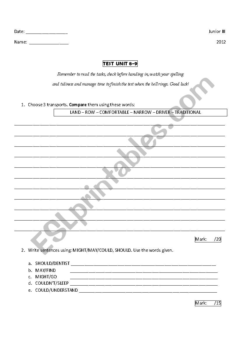 Transports test worksheet