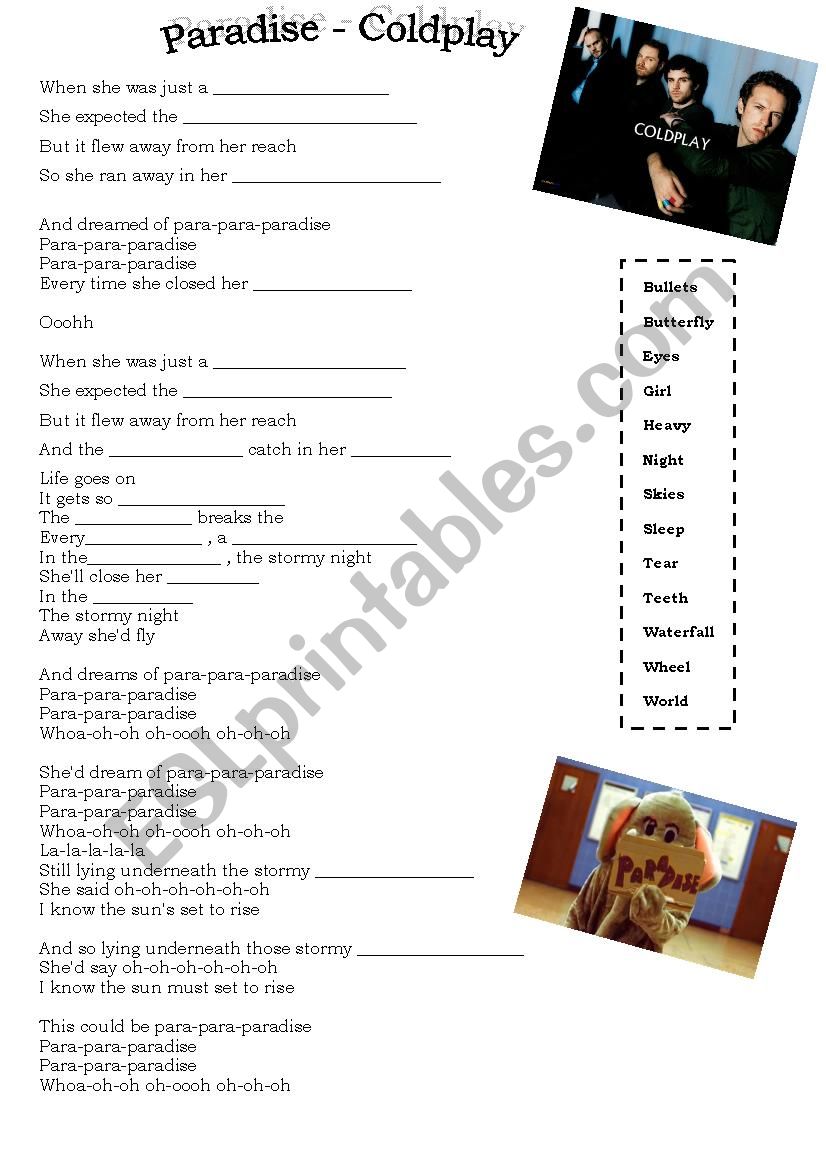 Paradise by Coldplay (with exercises) - ESL worksheet by MarionG