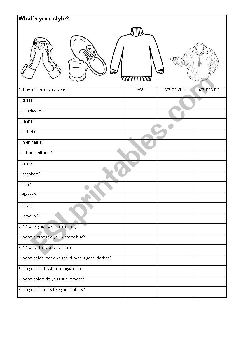 Clothes style worksheet