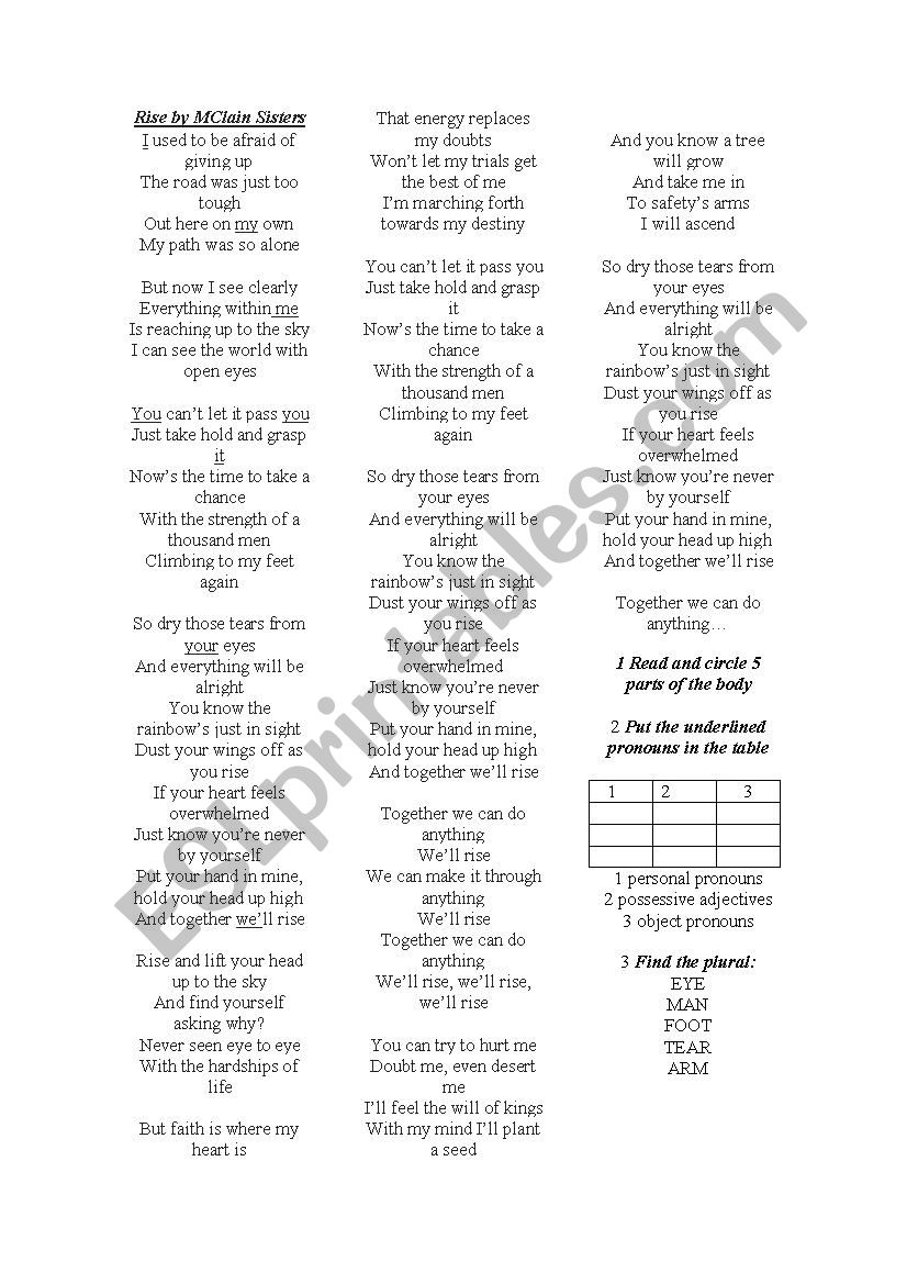 Song: Rise by McClaim Sisters worksheet