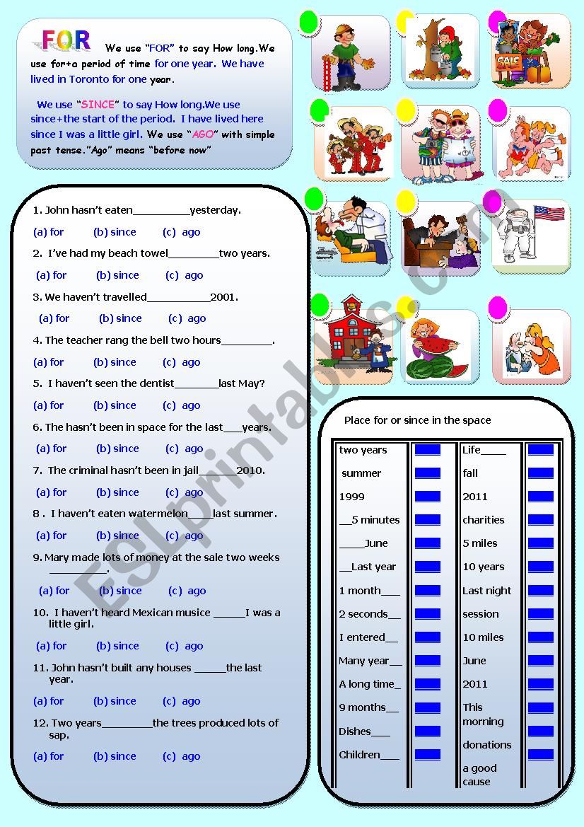 FOR, SINCE AND AGO worksheet
