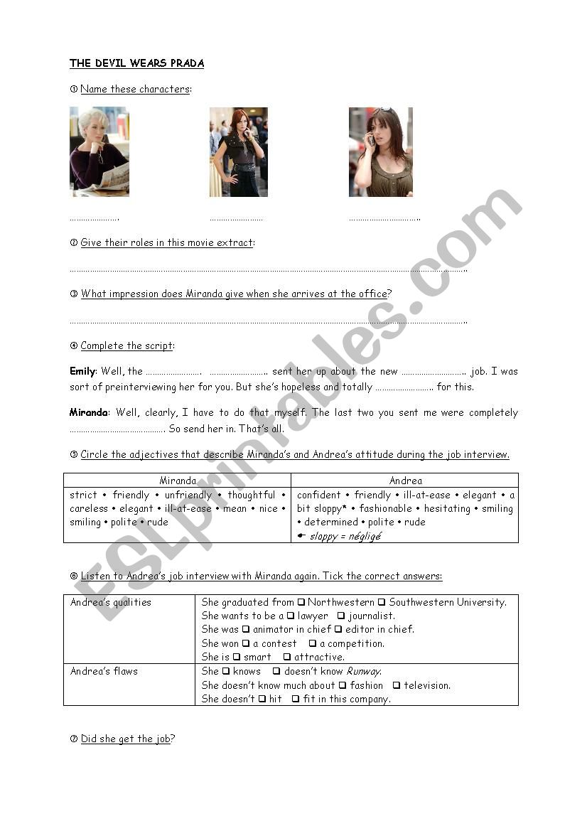 The Devil wears Prada worksheet