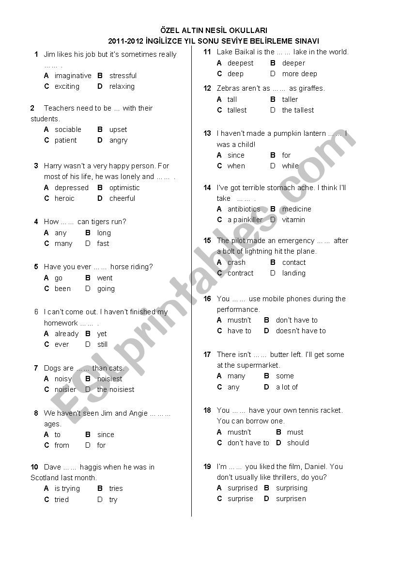 revision test grade 2 worksheet