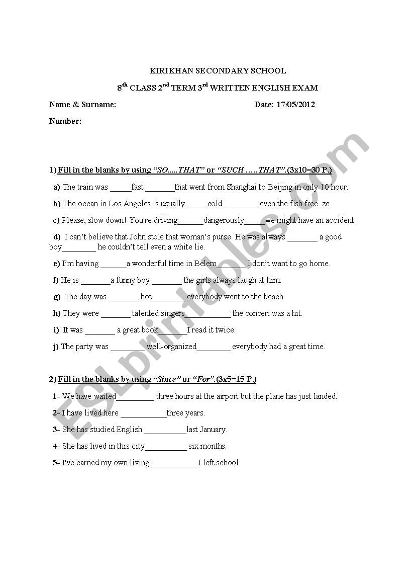 8th grade exam worksheet