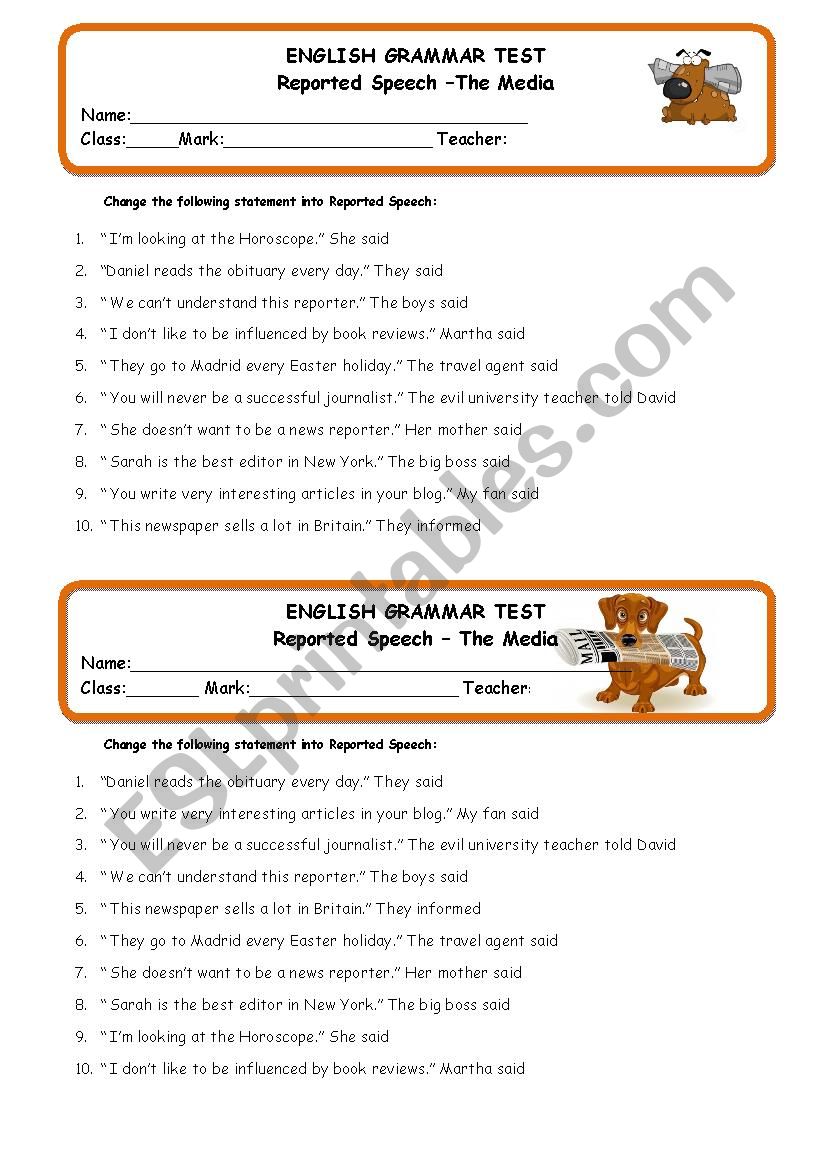 Reported Speech Mini Test worksheet