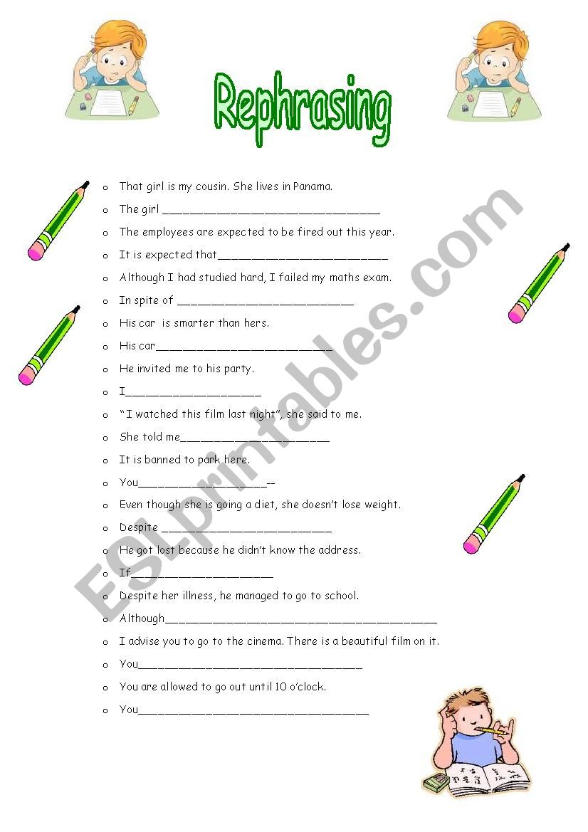 Rephrase these sentences worksheet