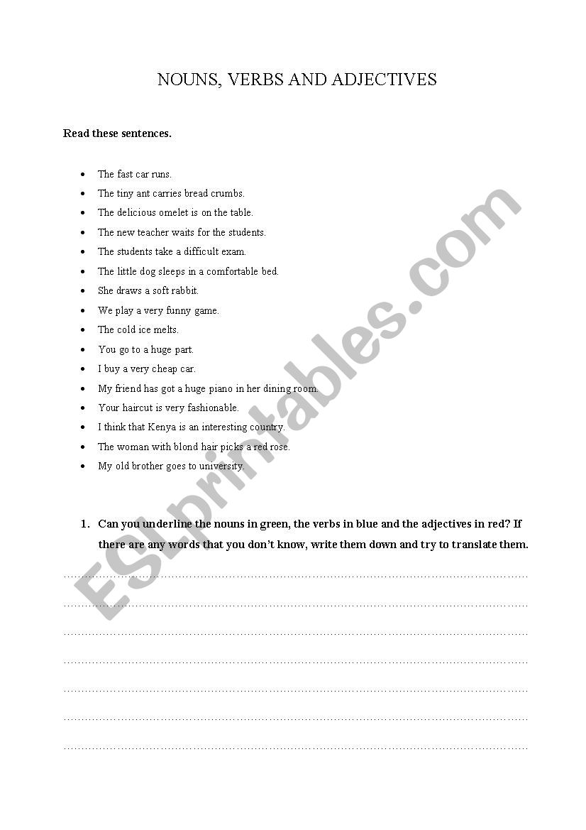 nouns, adjectives and verbs worksheet