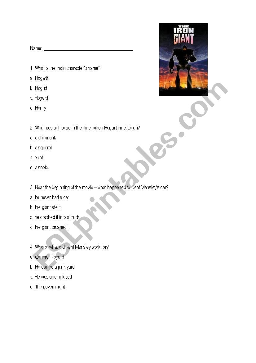 Iron Giant Movie Questions worksheet