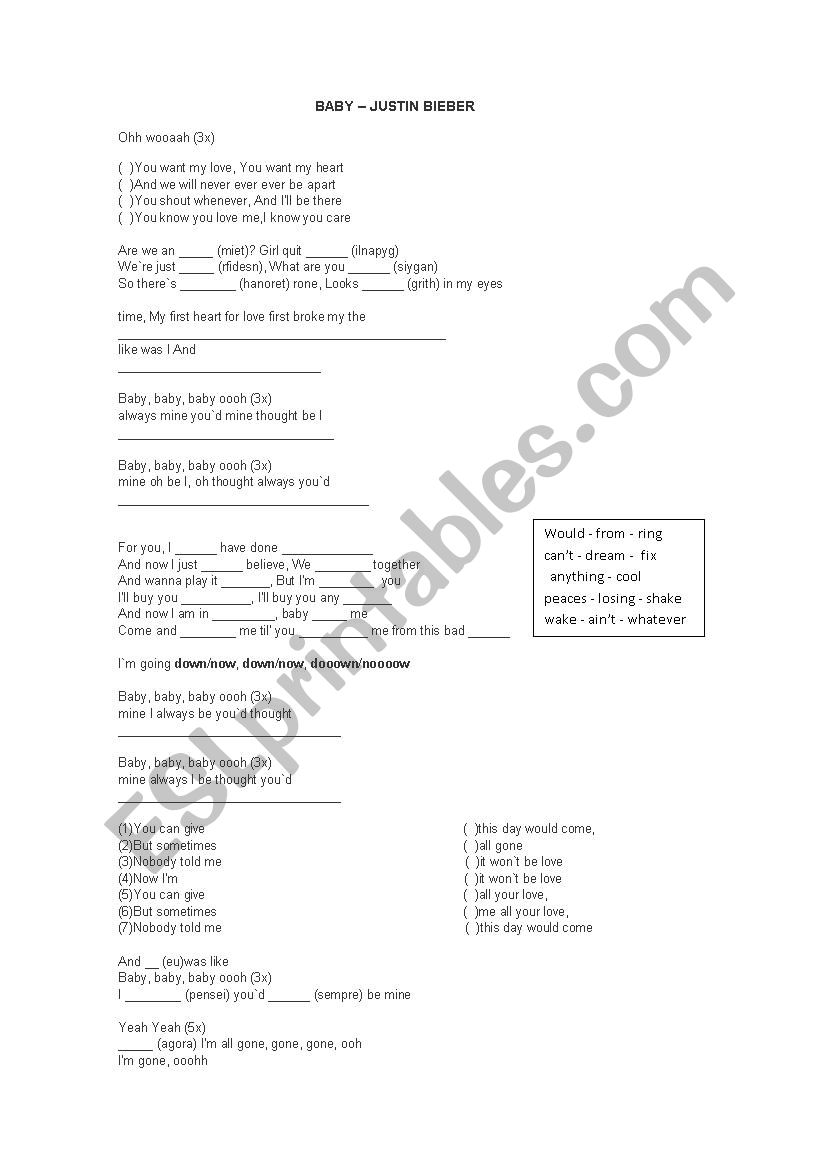 baby- justrin bieber worksheet