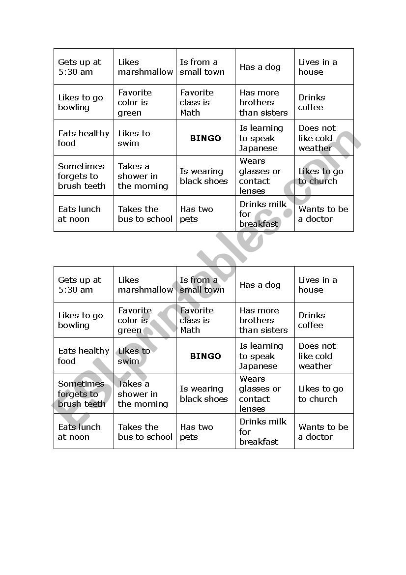 Human Bingo worksheet