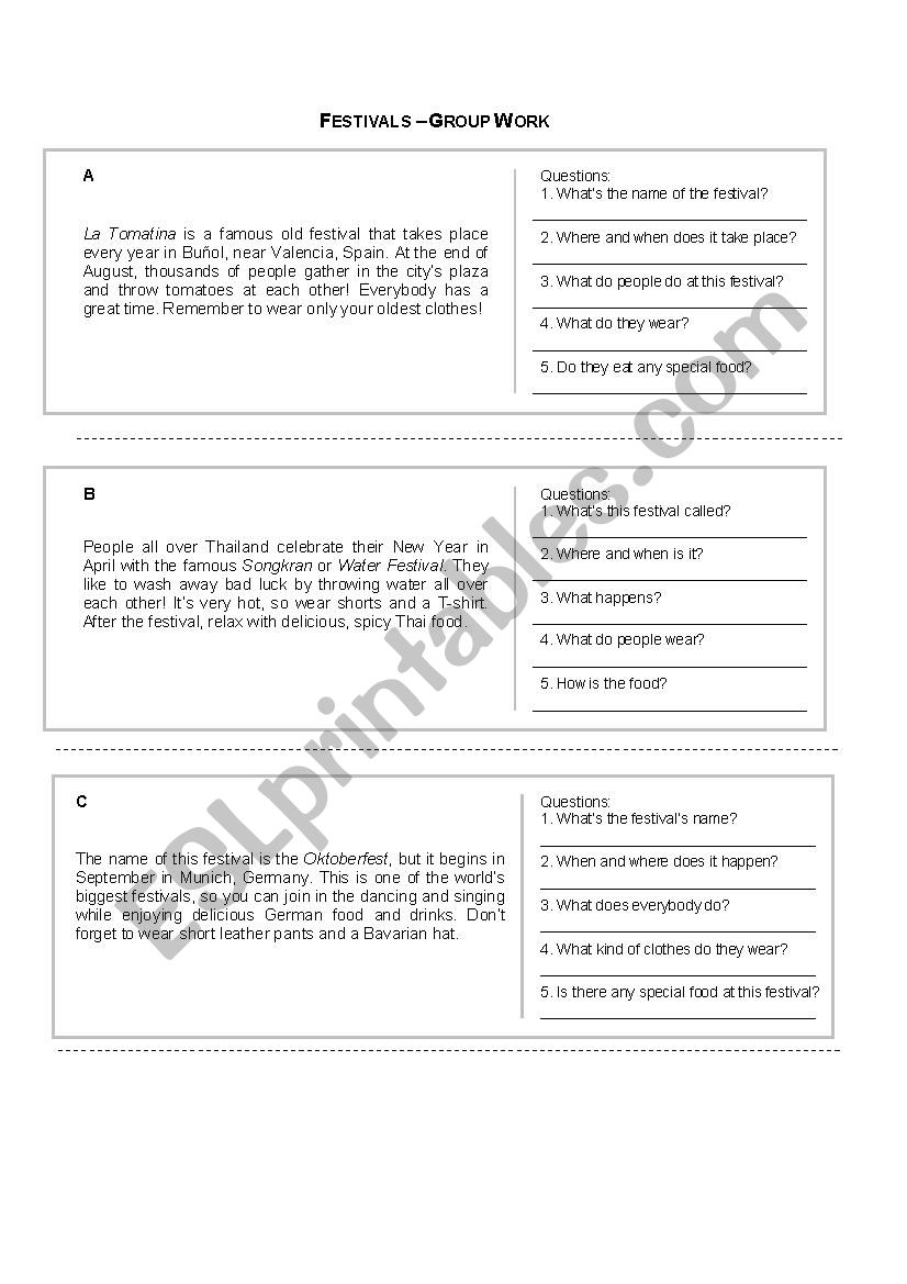 Festivals worksheet