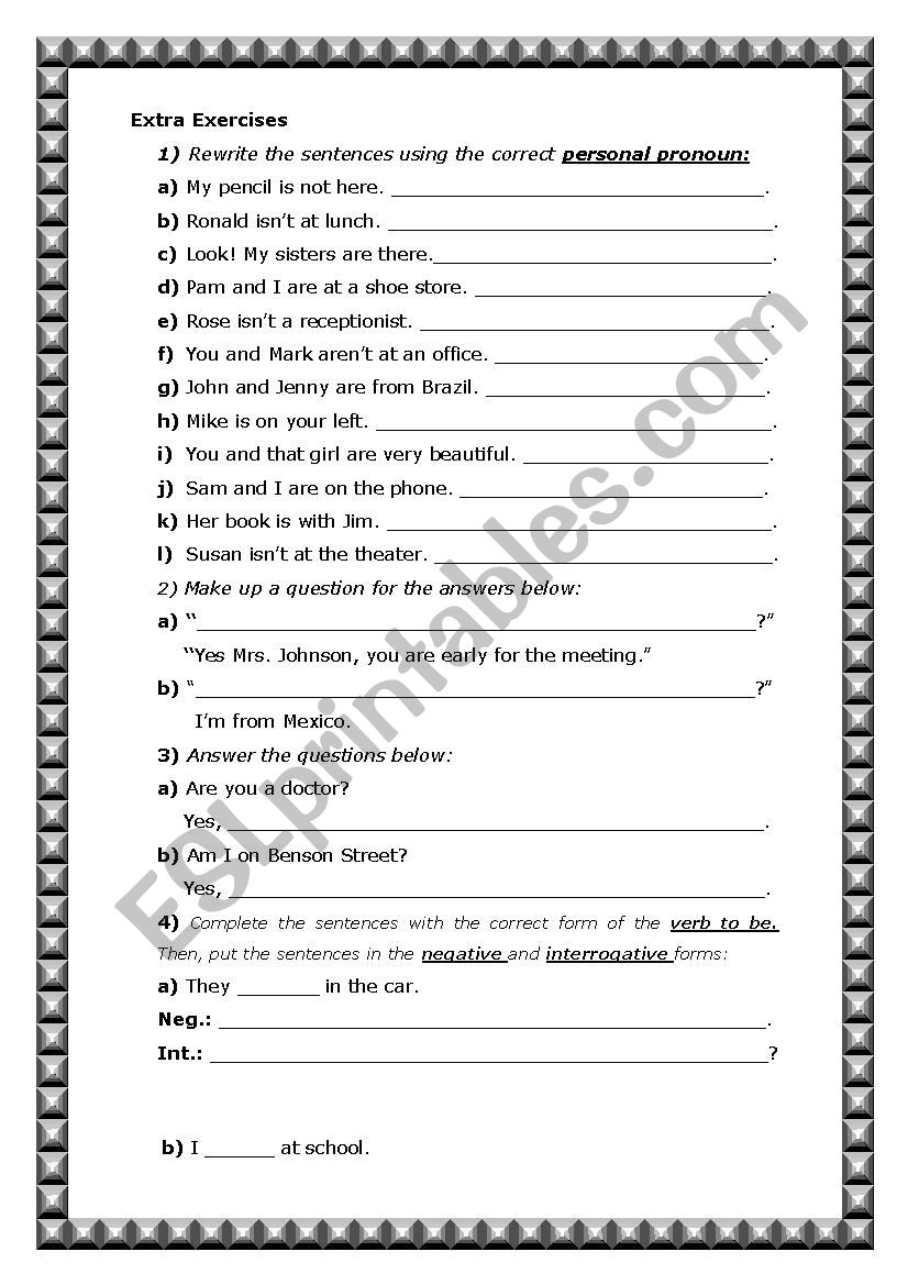 Exercises - Personal Pronouns, Verb To Be, Possessive Adjectives