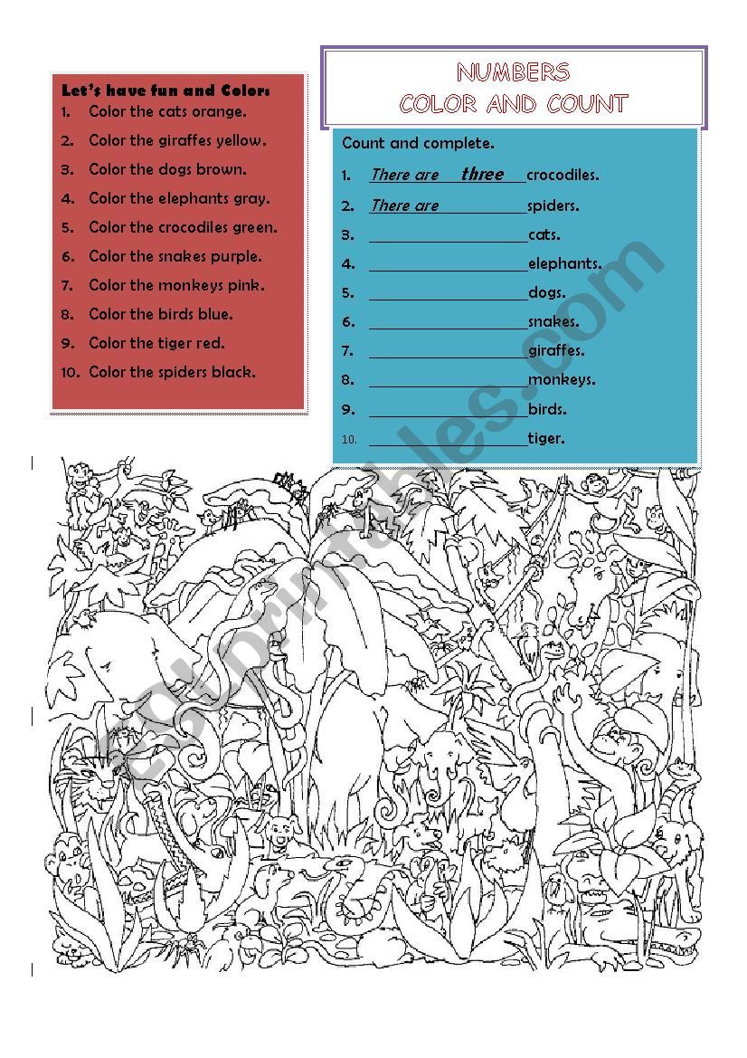 Numbers, Color and Count worksheet