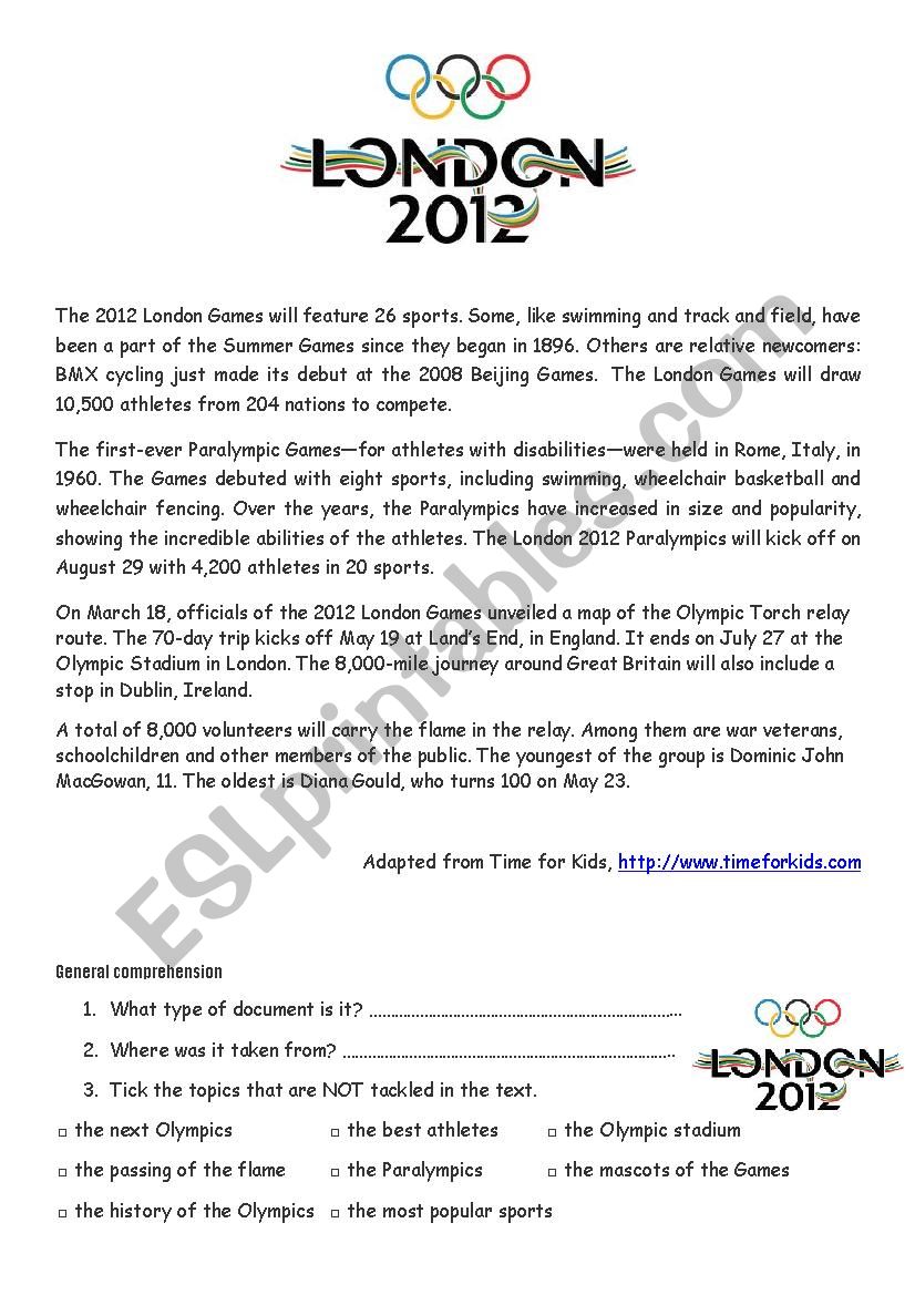 The London Olympic Games worksheet