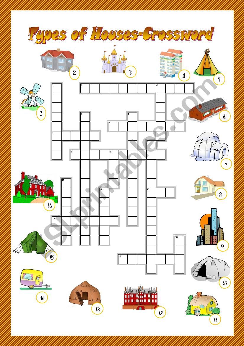 Types of houses. Crossword. worksheet