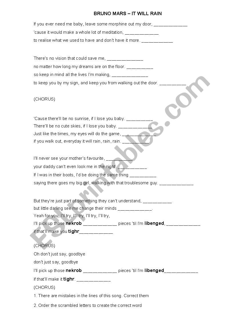 Bruno Mars - It will rain worksheet