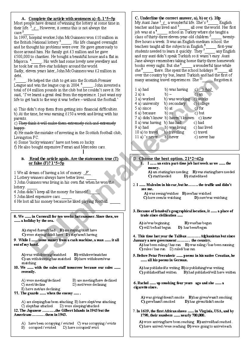 Mixed Tenses Practice Exam worksheet