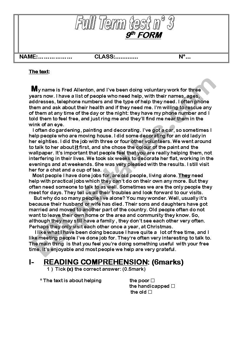 Full Term test Test N°3  worksheet