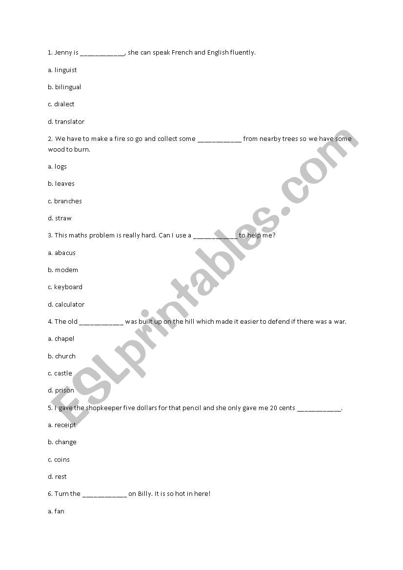 Vocabulary Quiz worksheet