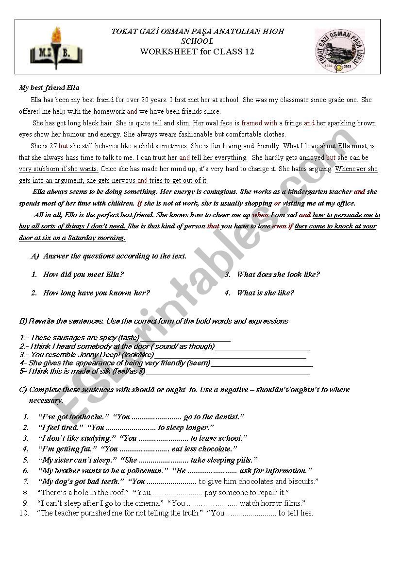 WORKSHEET for ANATOLIAN HIGH SCHOOL CLASS 12 STUDENTS