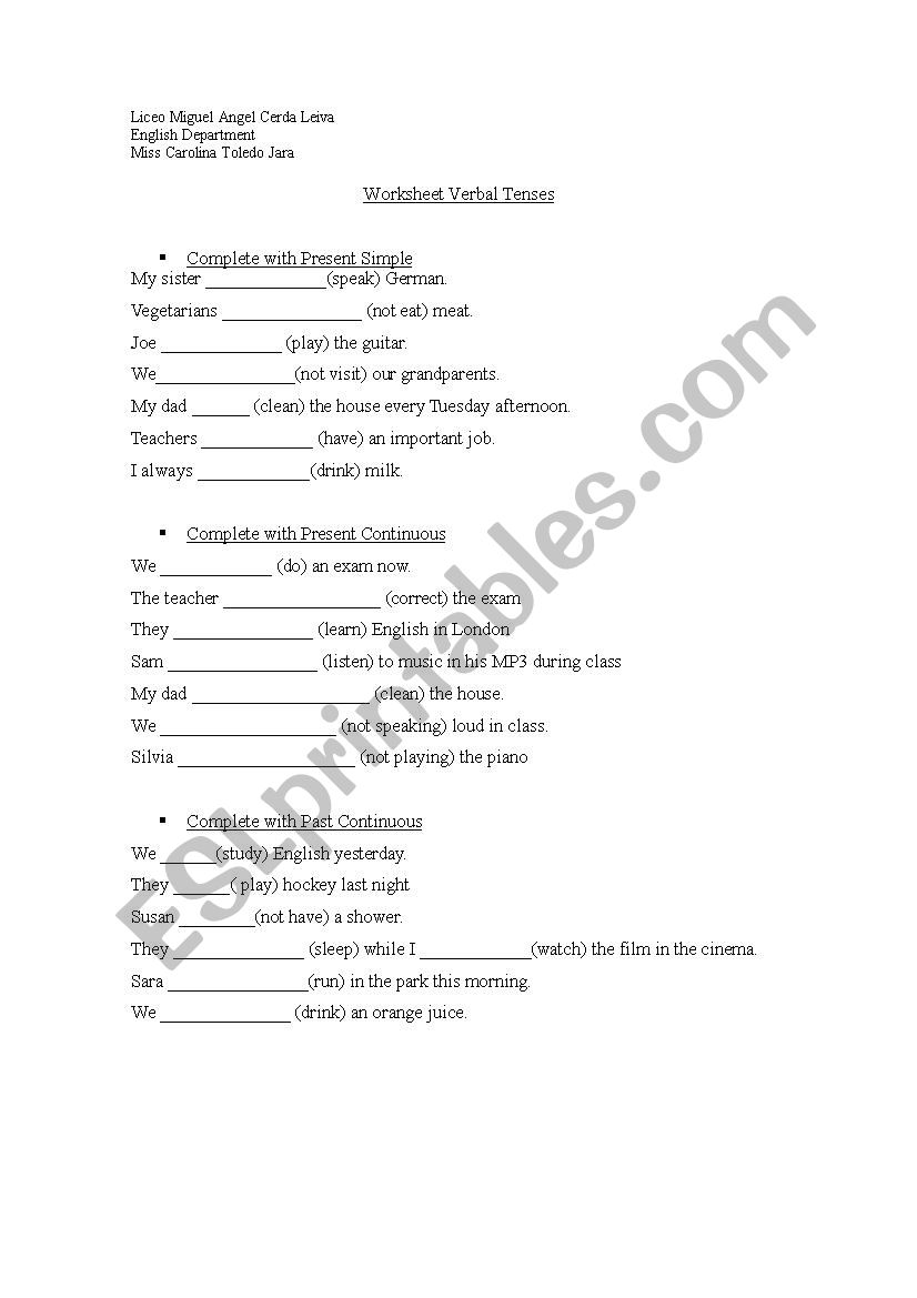 Verb Tenses. Past and Present worksheet