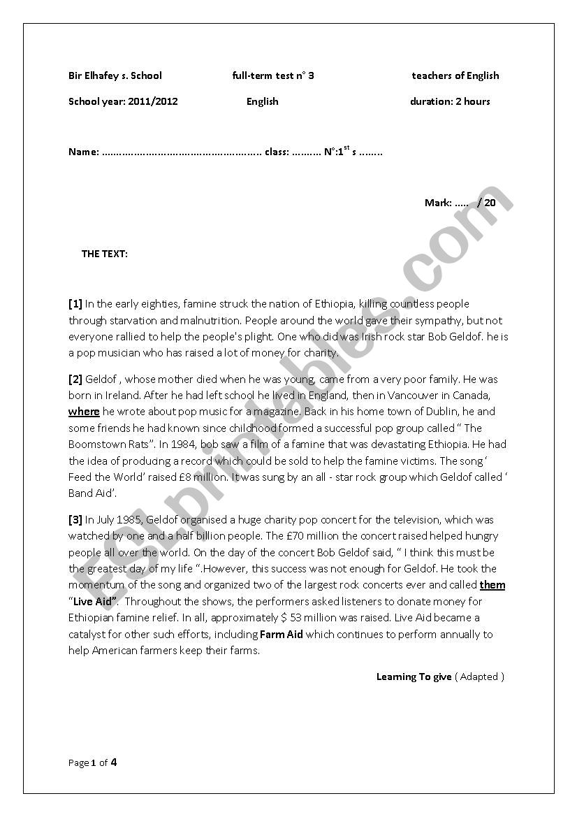 IT´ a very nice end of term test n 3 for first year secondary education in Tunisia