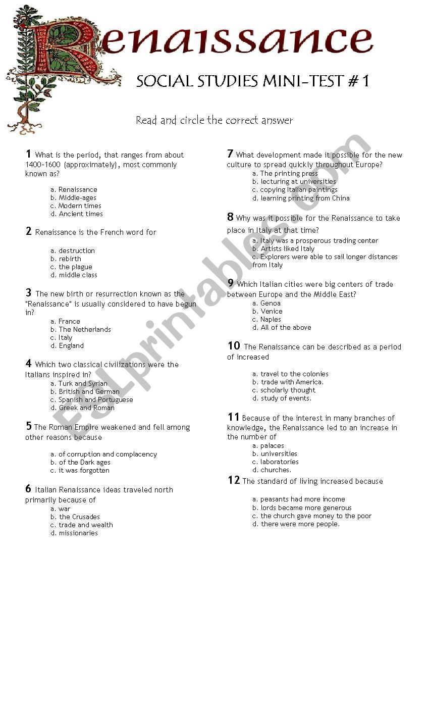 The Renaissance Test worksheet