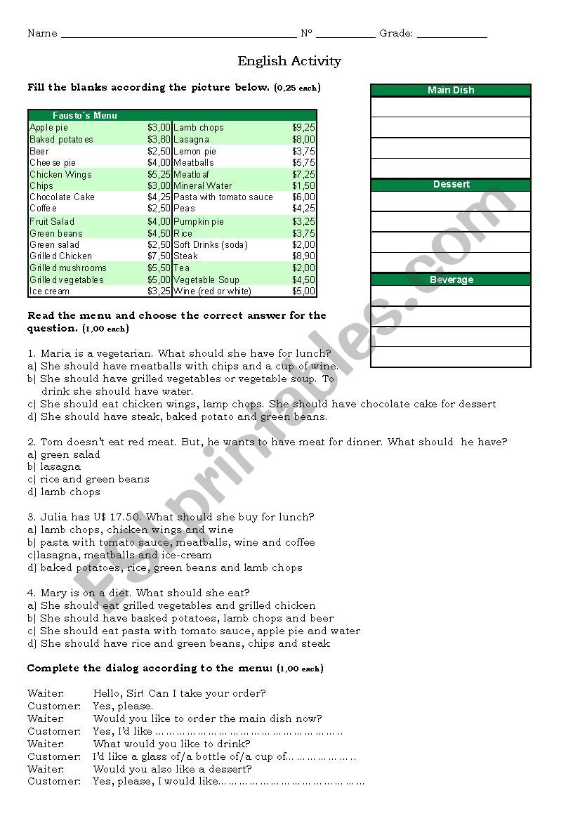 Menu worksheet