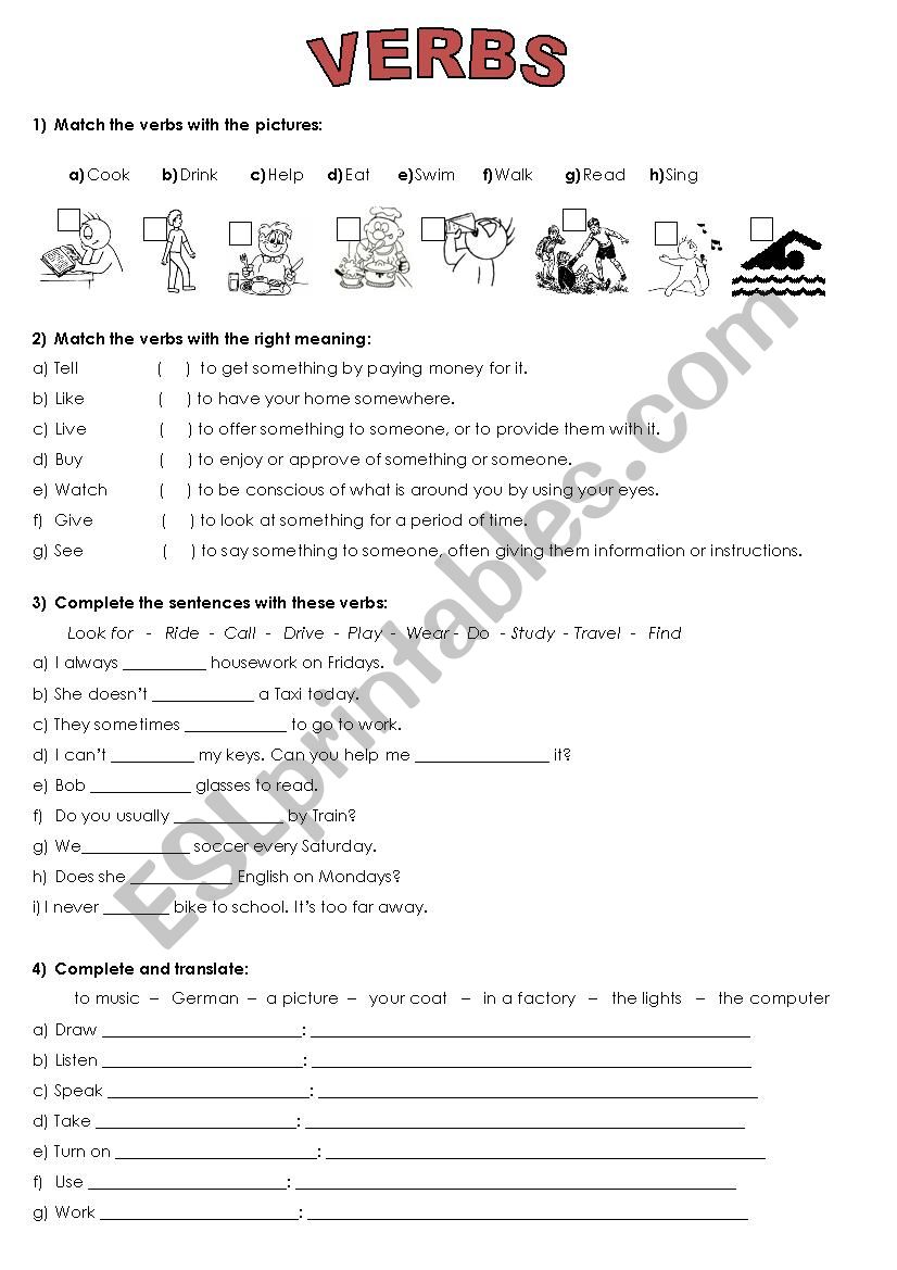 Exercises about Verbs worksheet