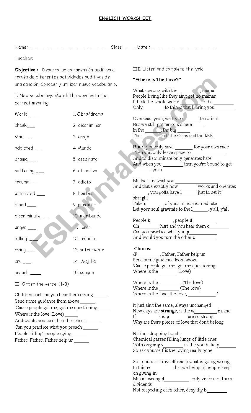 where is the love worksheet