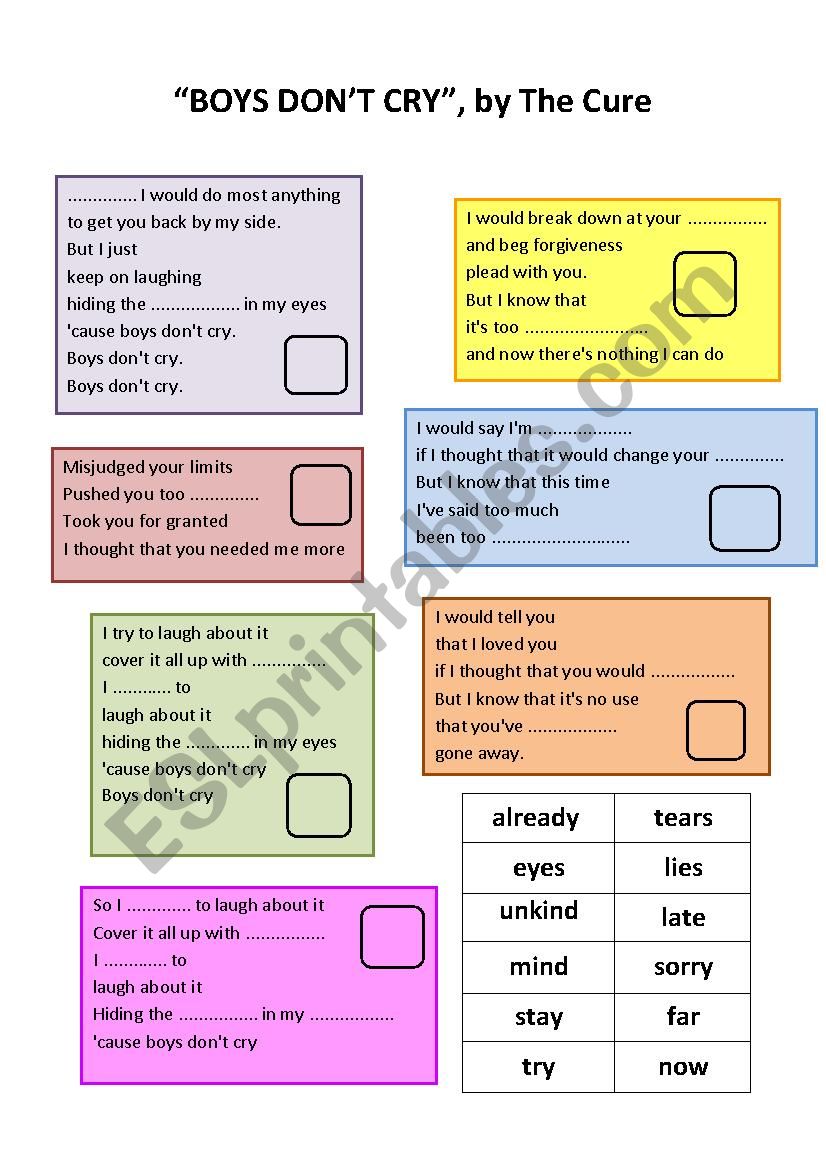 "Boys don´t cry", by The Cure ESL worksheet by ruthml