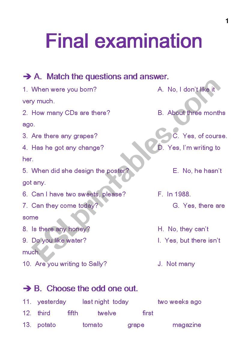 examination  worksheet