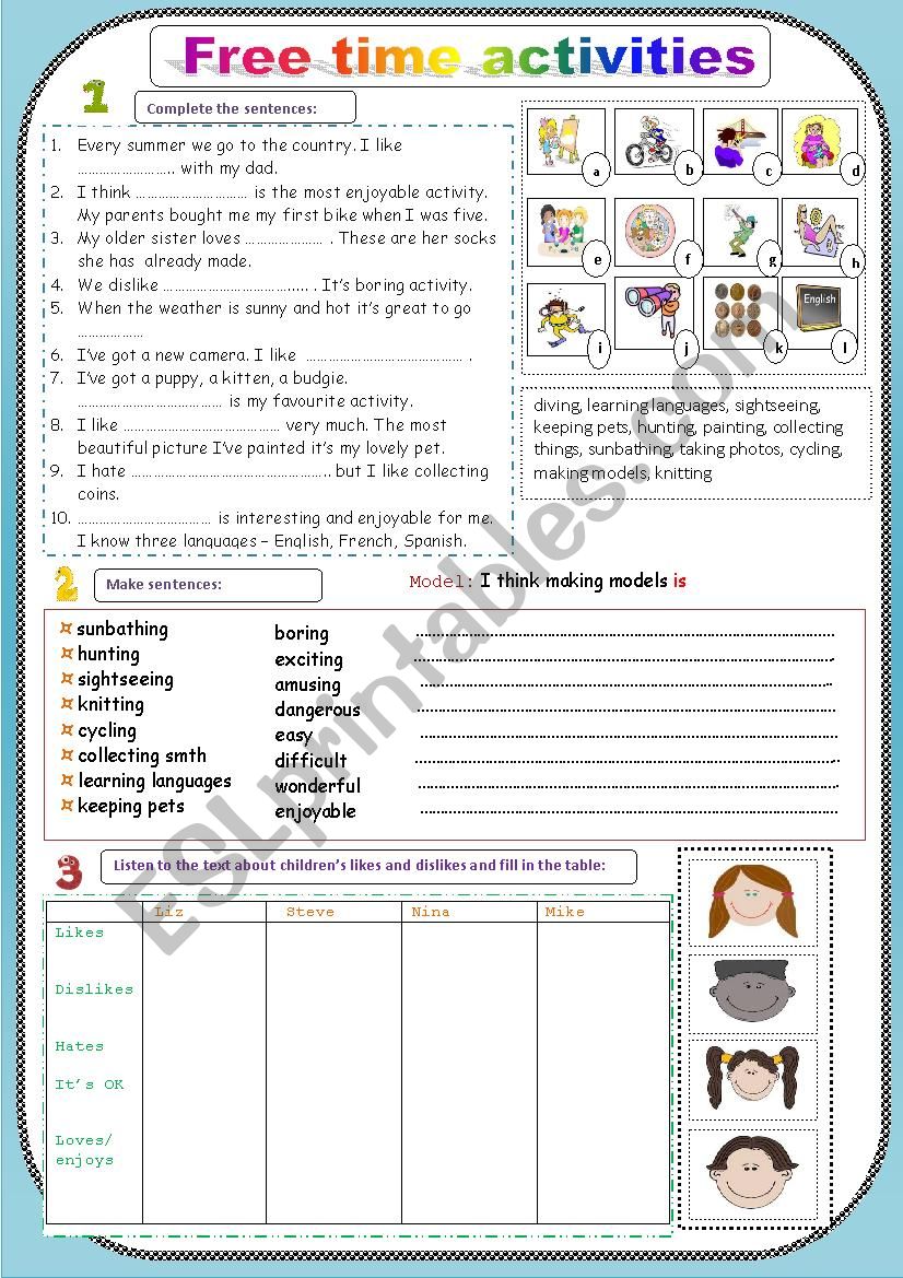 Free time activities (in three pages)+pictures