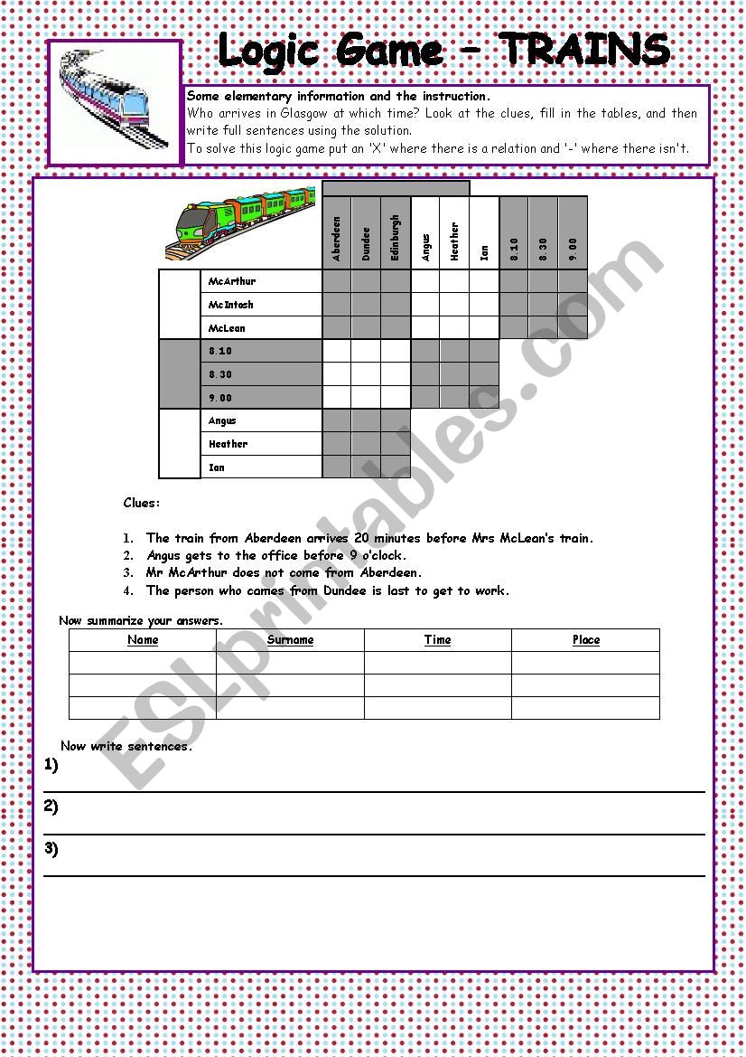 Logic Game TRAINS worksheet