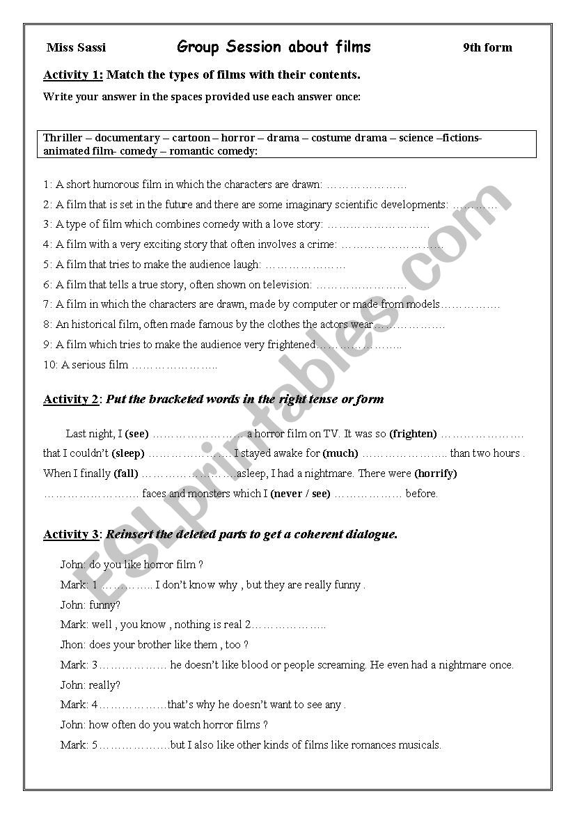 Films worksheet