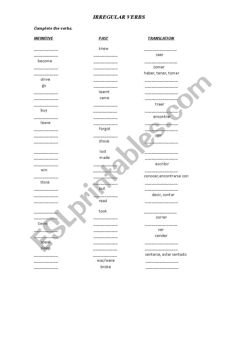 IRREGULARS VERBS TEST worksheet