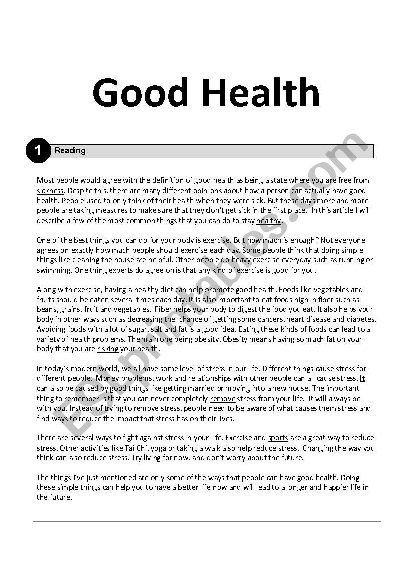 Good Health worksheet