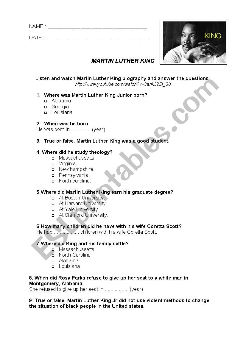 oral comprehension on Martin Luther King