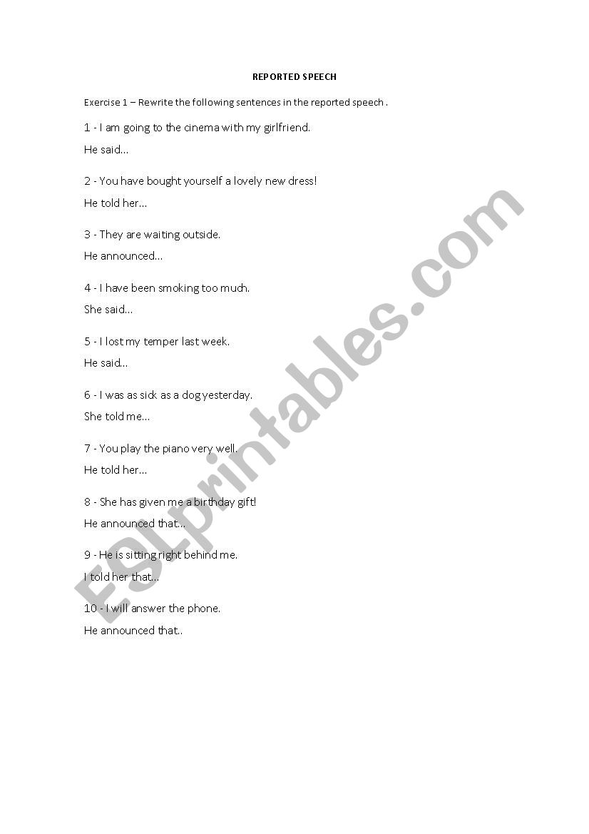 Reported Speech Exercises worksheet